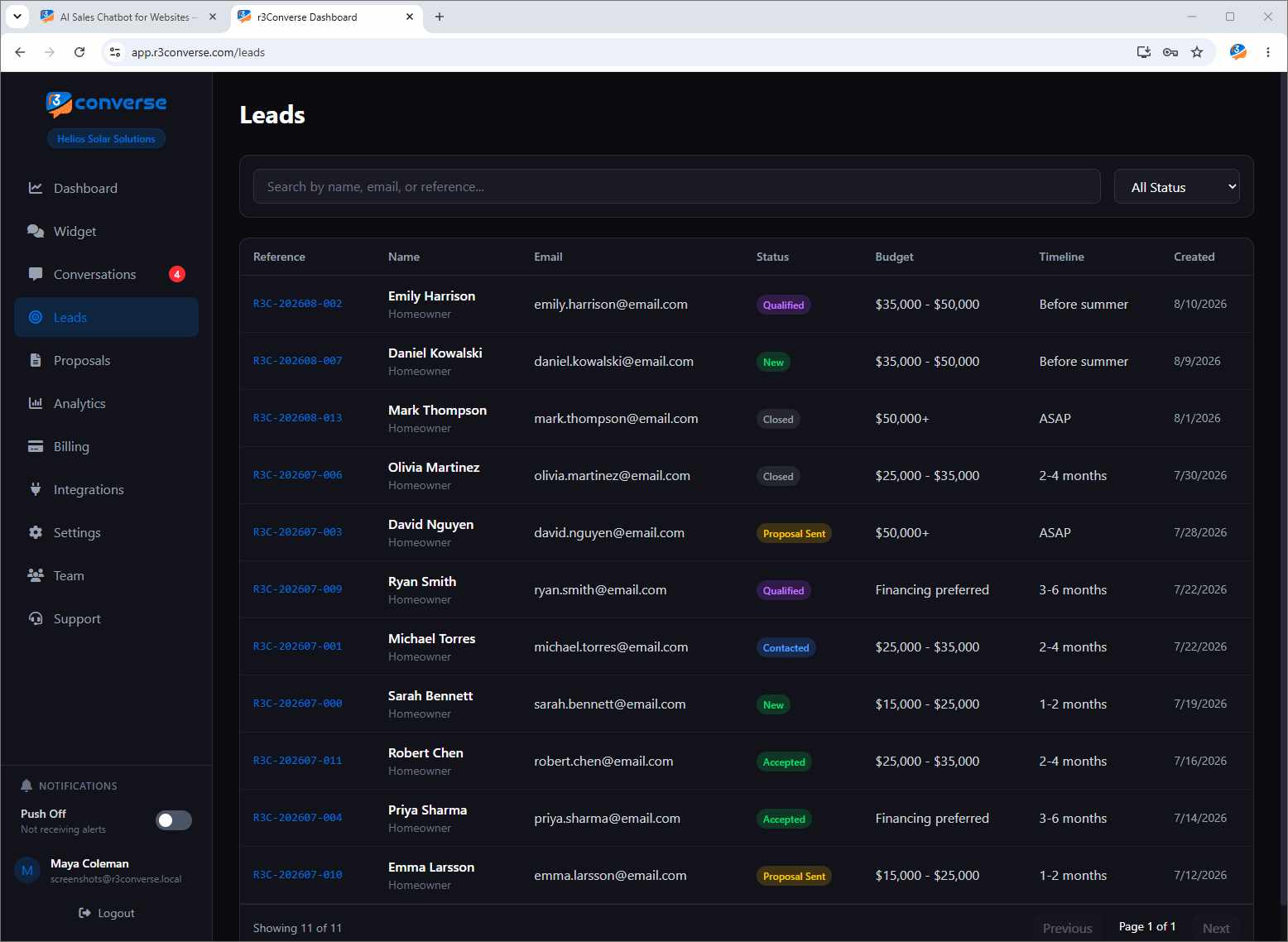 Chatbot captured lead list screenshot